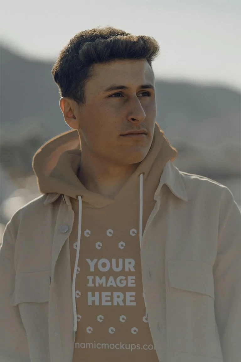 Man Wearing Tan Hoodie Mockup Front View Template