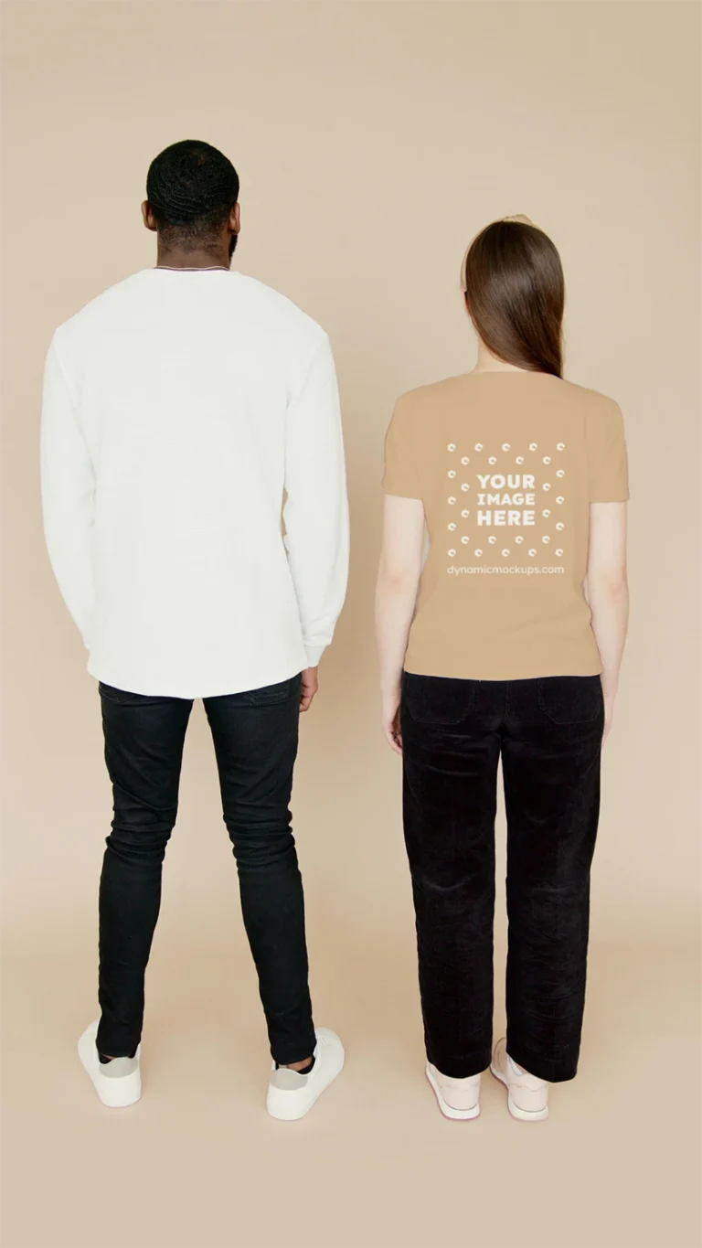 Man Wearing Tan T-shirt Mockup Back View Template