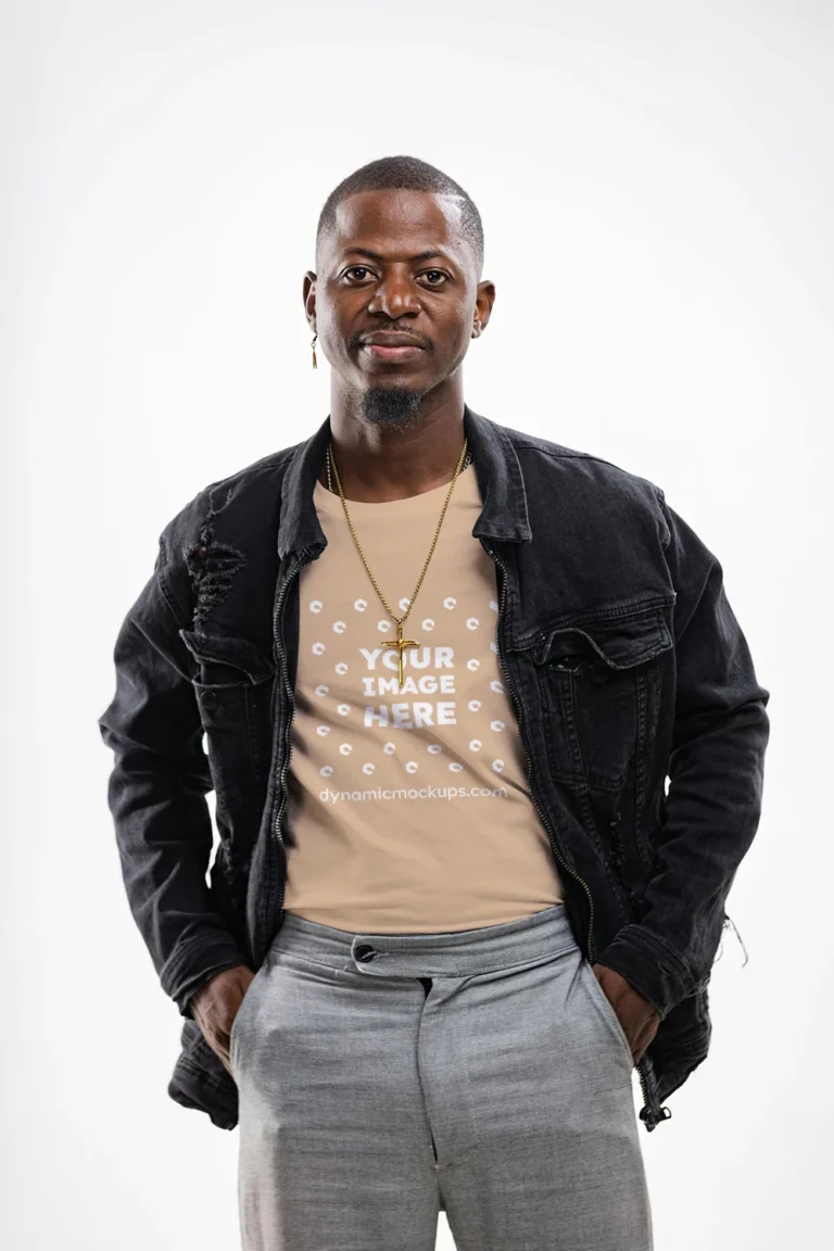 Man Wearing Tan T-shirt Mockup Front View Template