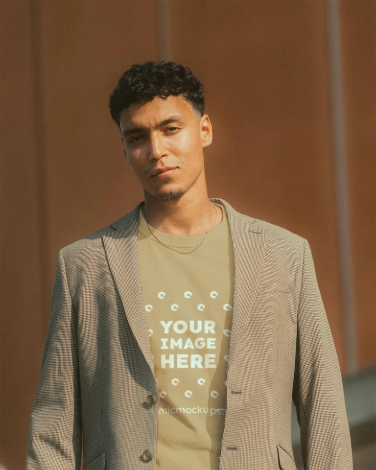 Man Wearing Tan T-shirt Mockup Front View Template