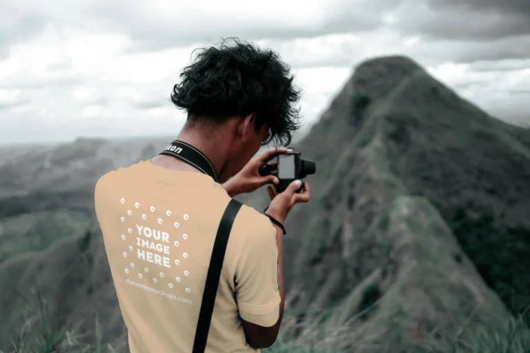 Man Wearing Tan T-shirt Mockup Back View Template