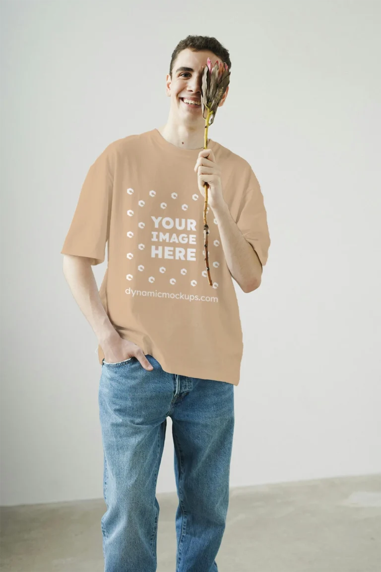 Man Wearing Tan T-shirt Mockup Front View Template