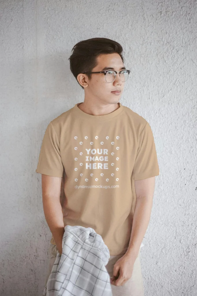 Man Wearing Tan T-shirt Mockup Front View Template