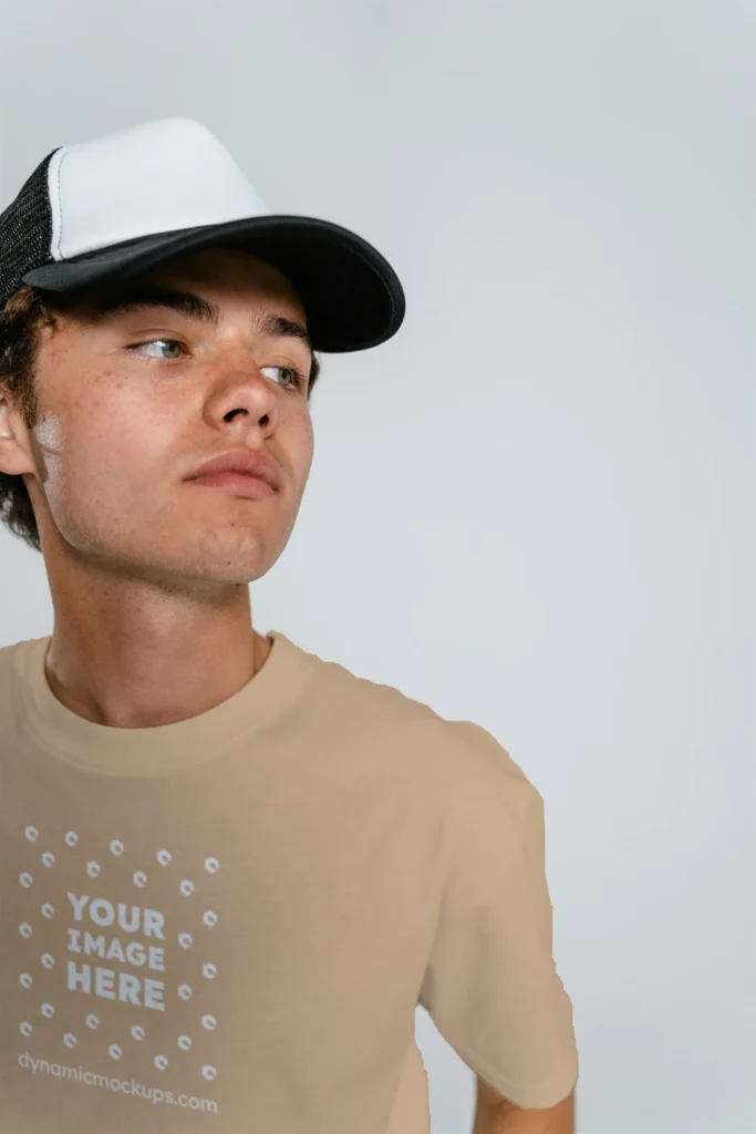 Man Wearing Tan T-shirt Mockup Front View Template