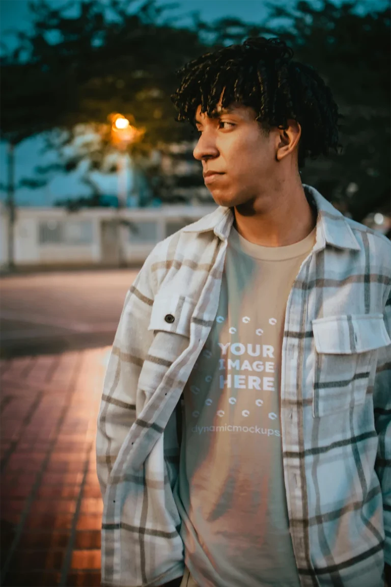 Man Wearing Tan T-shirt Mockup Front View Template