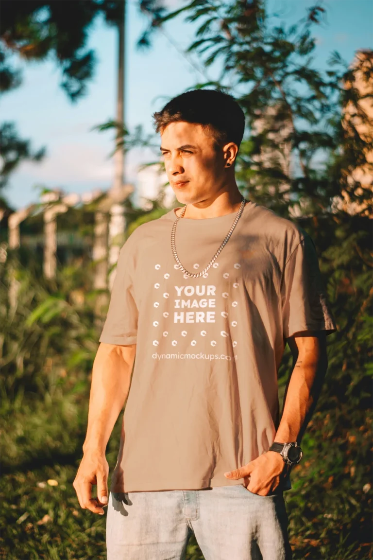 Man Wearing Tan T-shirt Mockup Front View Template