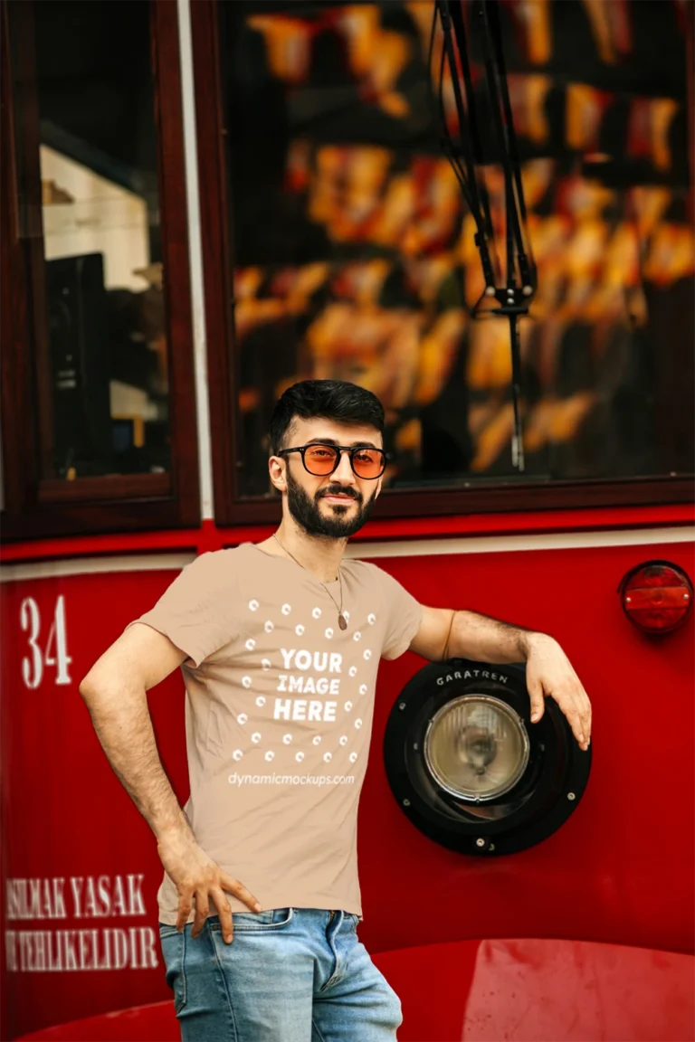 Man Wearing Tan T-shirt Mockup Front View Template