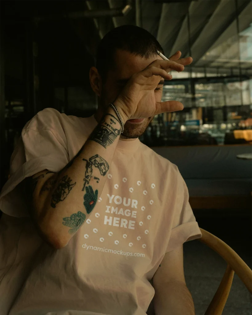 Man Wearing Tan T-shirt Mockup Front View Template