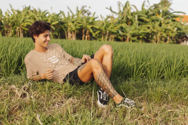 Man Wearing Tan T-shirt Mockup Front View Template