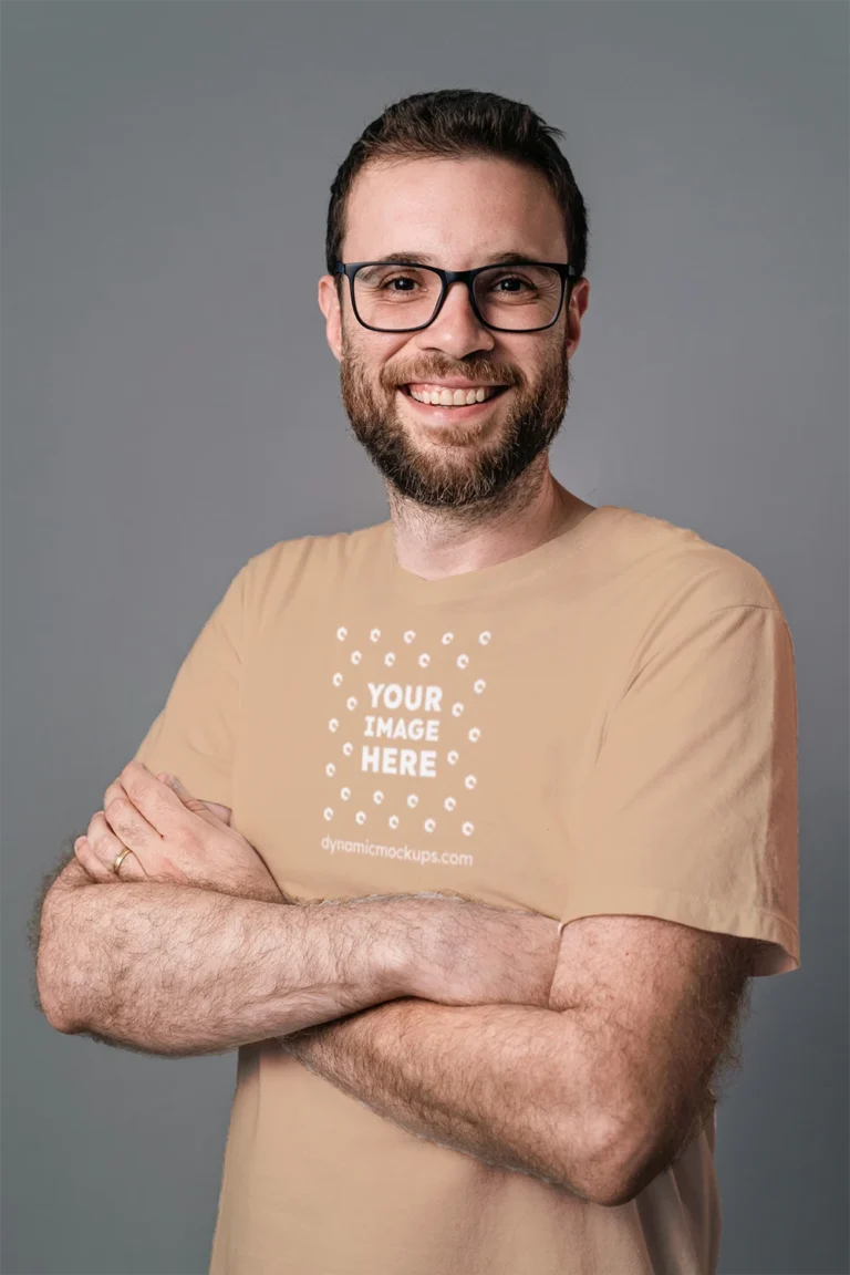 Man Wearing Tan T-shirt Mockup Front View Template
