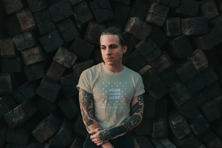 Man Wearing Tan T-shirt Mockup Front View Template