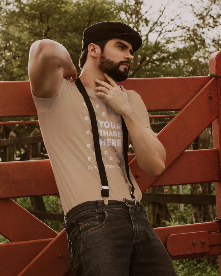 Man Wearing Tan T-shirt Mockup Front View Template