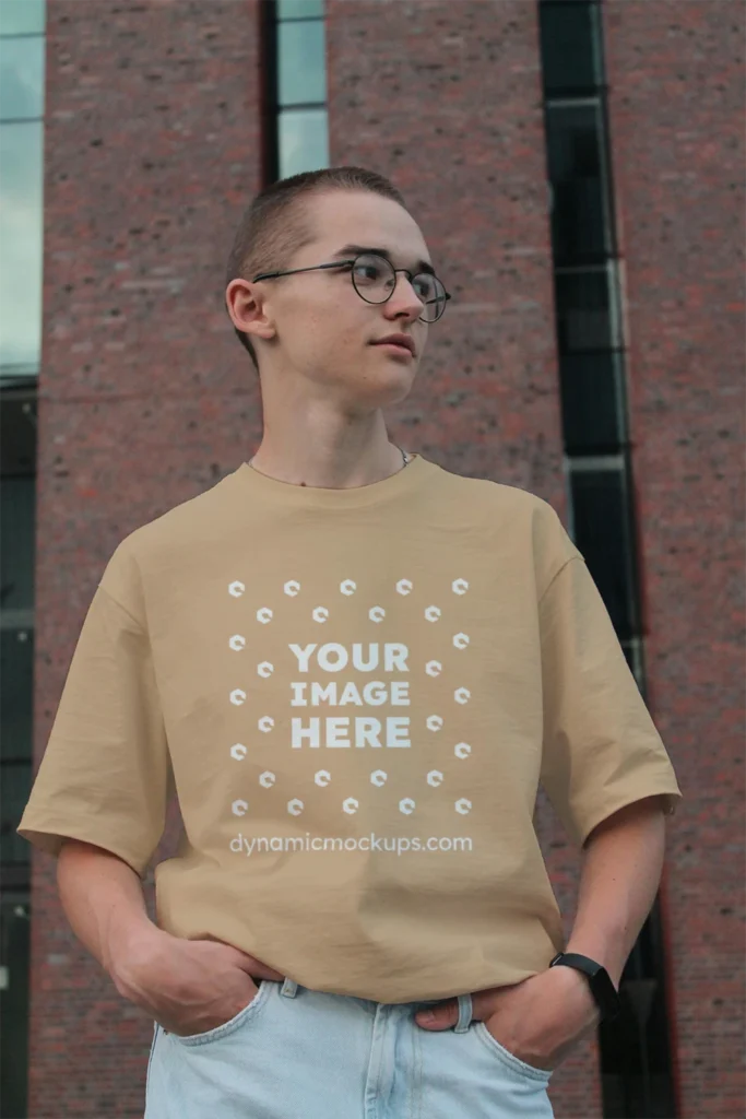 Man Wearing Tan T-shirt Mockup Front View Template