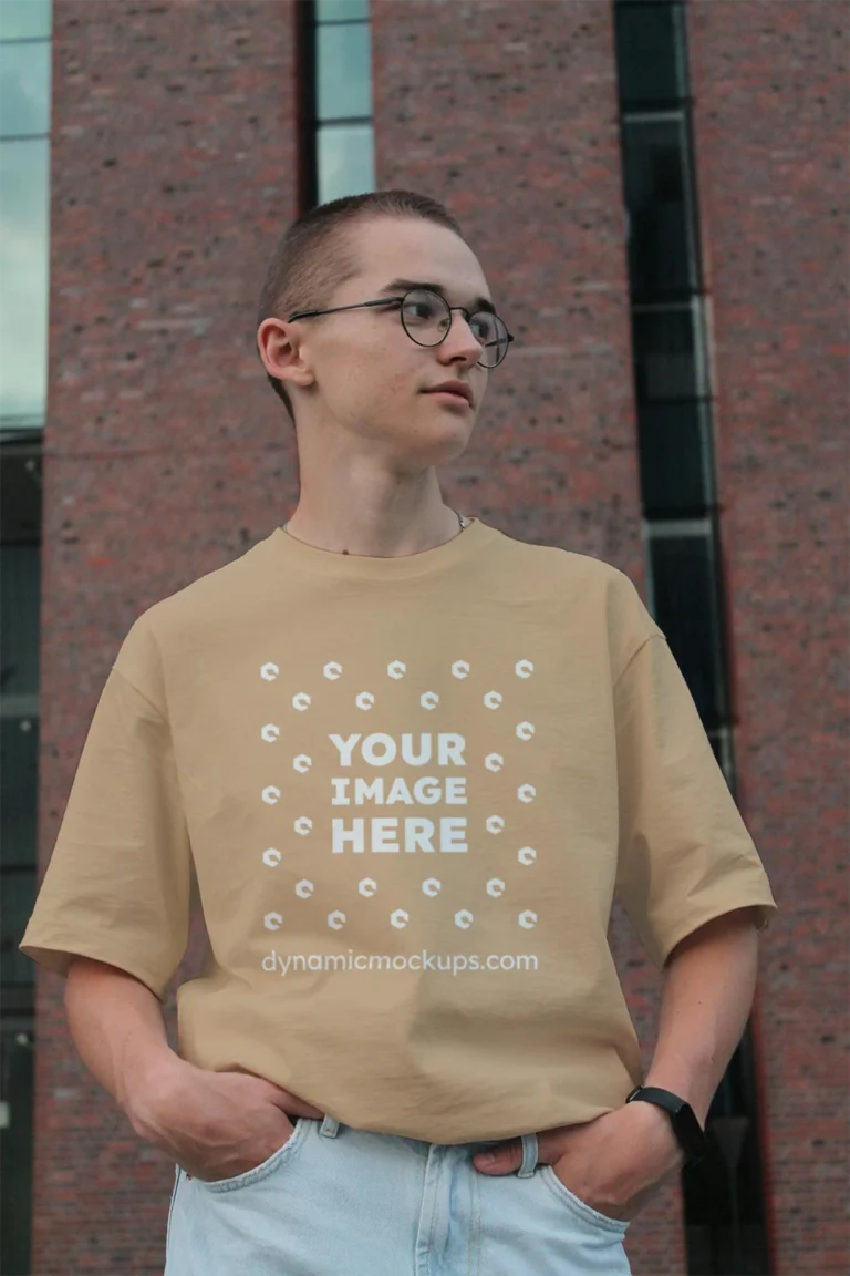 Man Wearing Tan T-shirt Mockup Front View Template