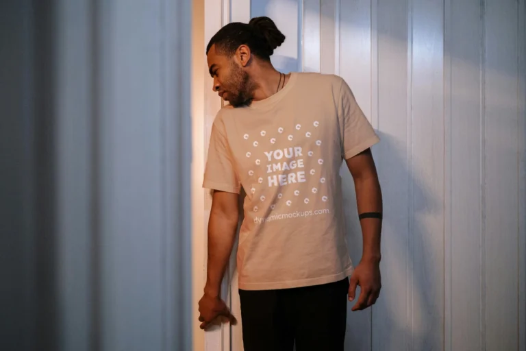Man Wearing Tan T-shirt Mockup Front View Template