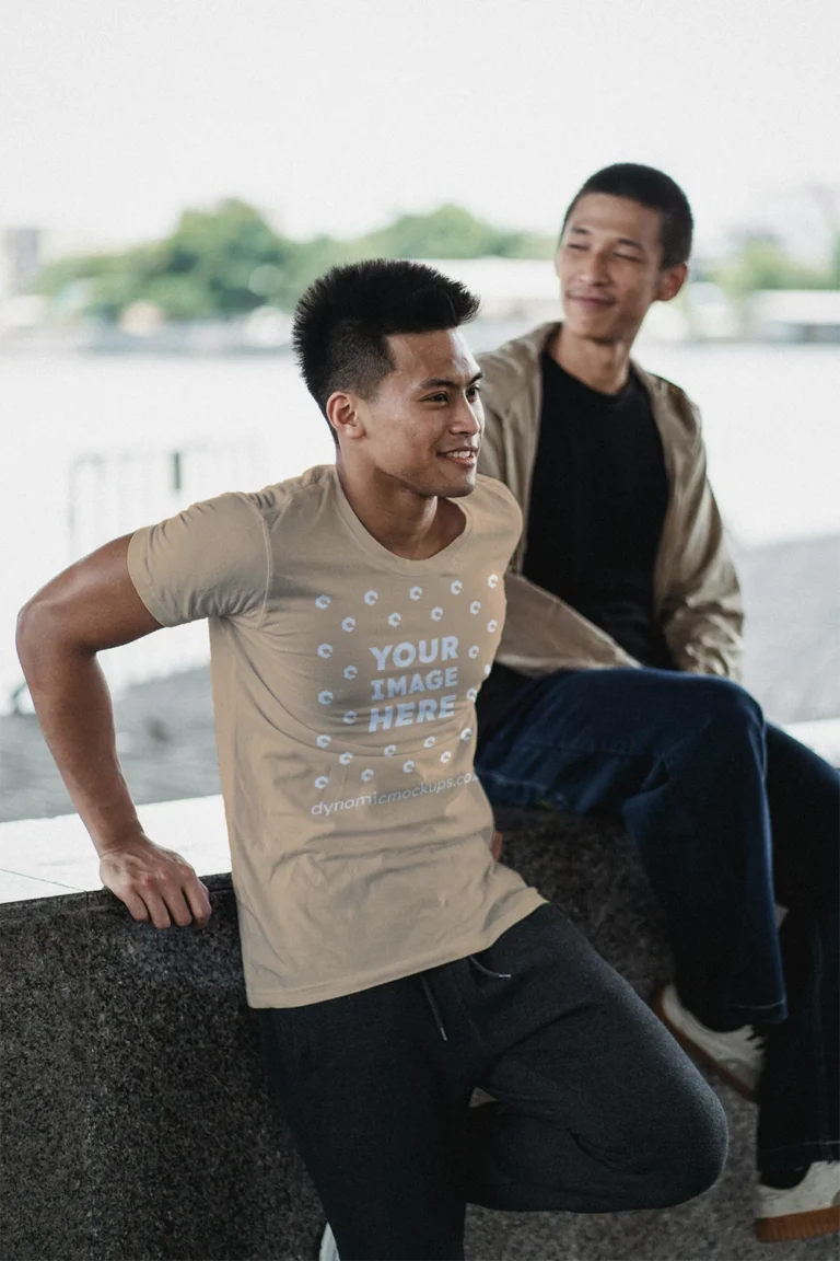 Man Wearing Tan T-shirt Mockup Front View Template