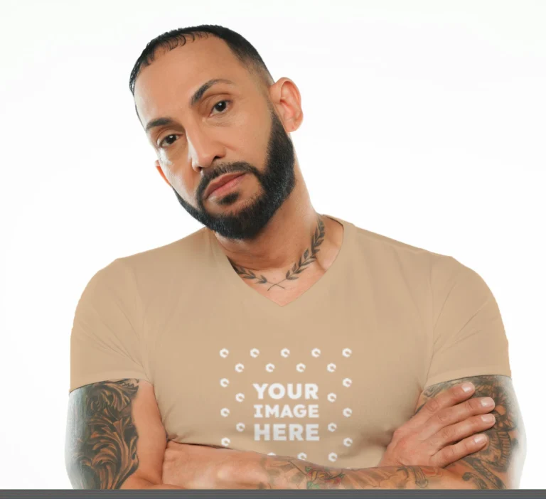 Man Wearing Tan T-shirt Mockup Front View Template