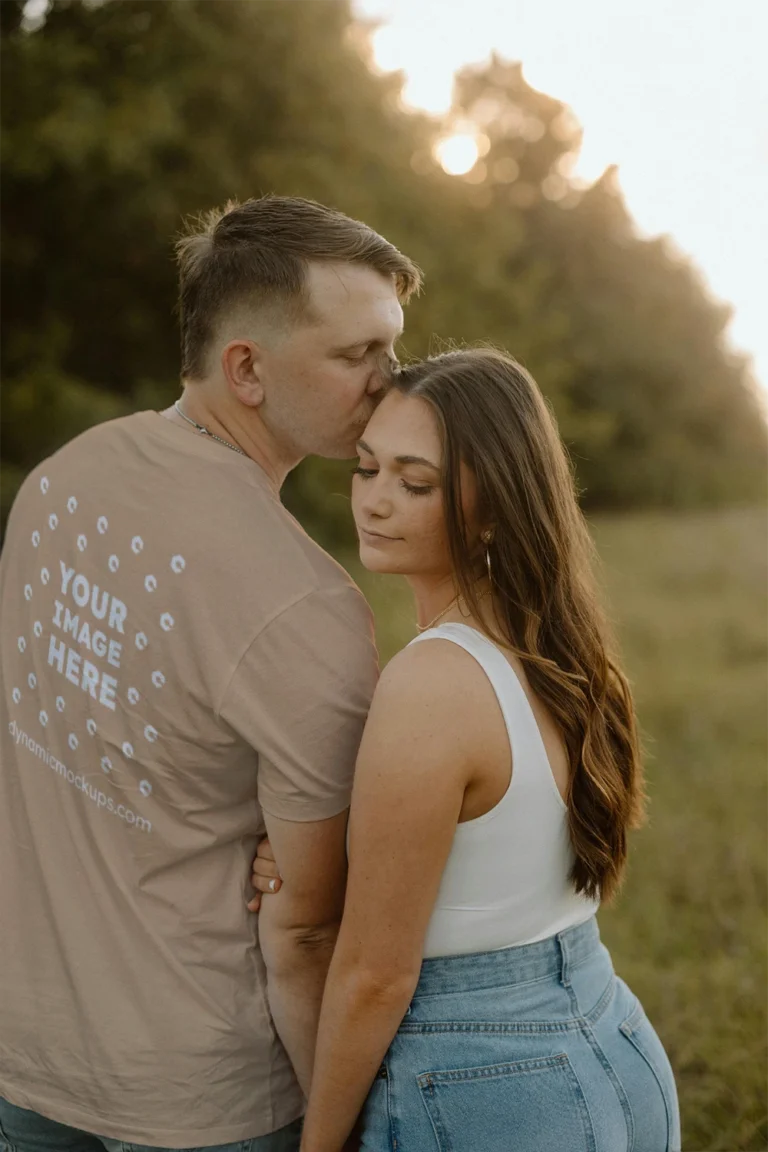 Man Wearing Tan T-shirt Mockup Back View Template