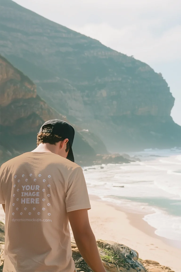 Man Wearing Tan T-shirt Mockup Back View Template