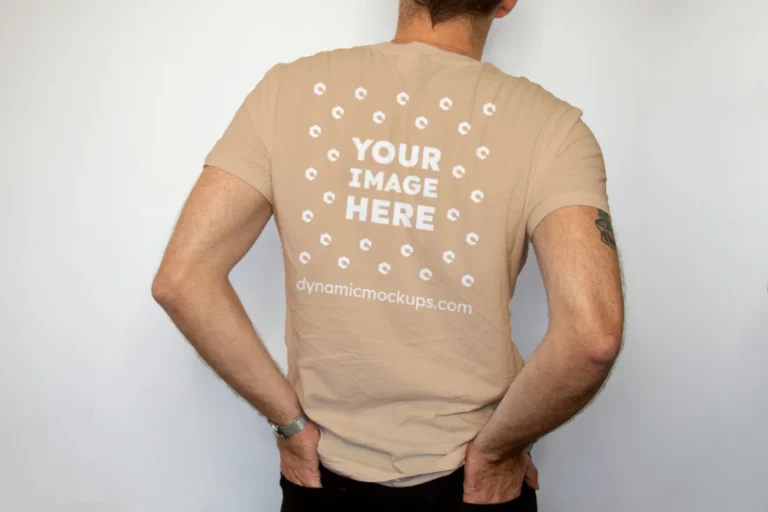 Man Wearing Tan T-shirt Mockup Back View Template
