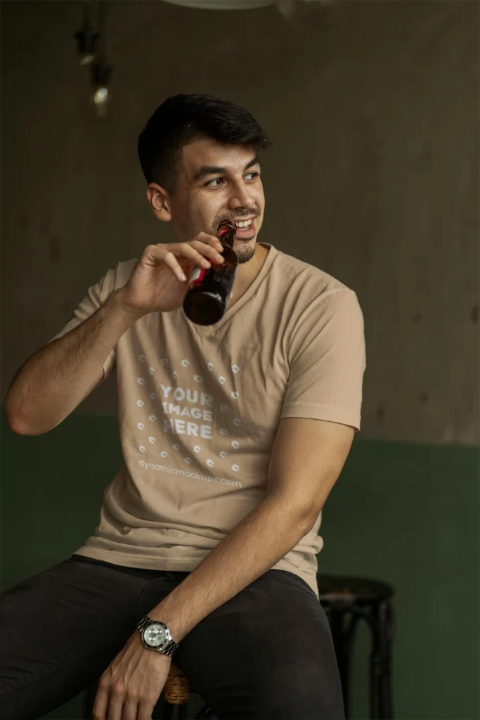 Man Wearing Tan T-shirt Mockup Front View Template