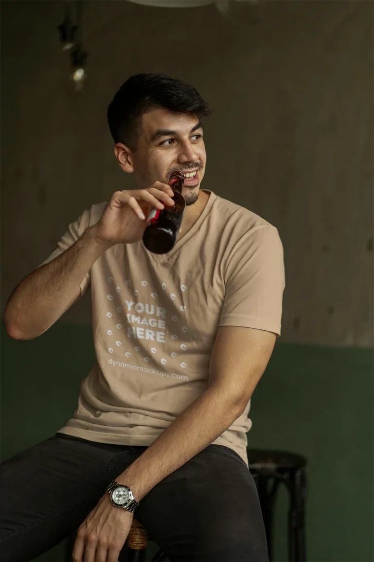 Man Wearing Tan T-shirt Mockup Front View Template