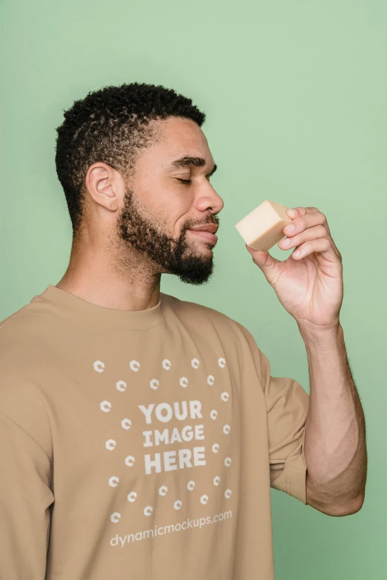 Man Wearing Tan T-shirt Mockup Front View Template