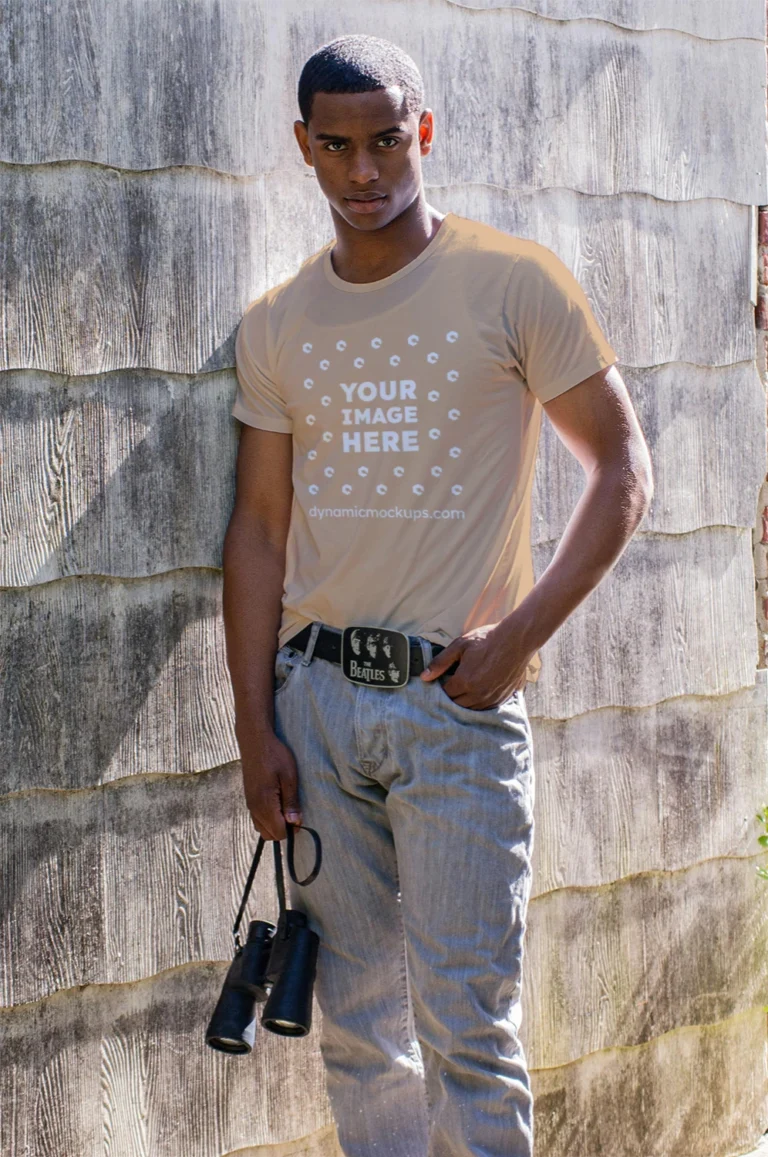 Man Wearing Tan T-shirt Mockup Front View Template