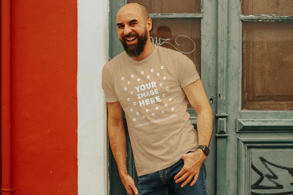 Man Wearing Tan T-shirt Mockup Front View Template