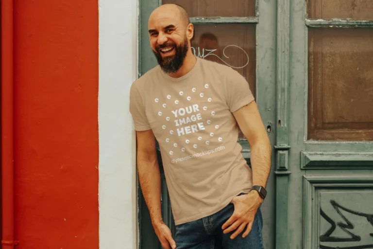 Man Wearing Tan T-shirt Mockup Front View Template