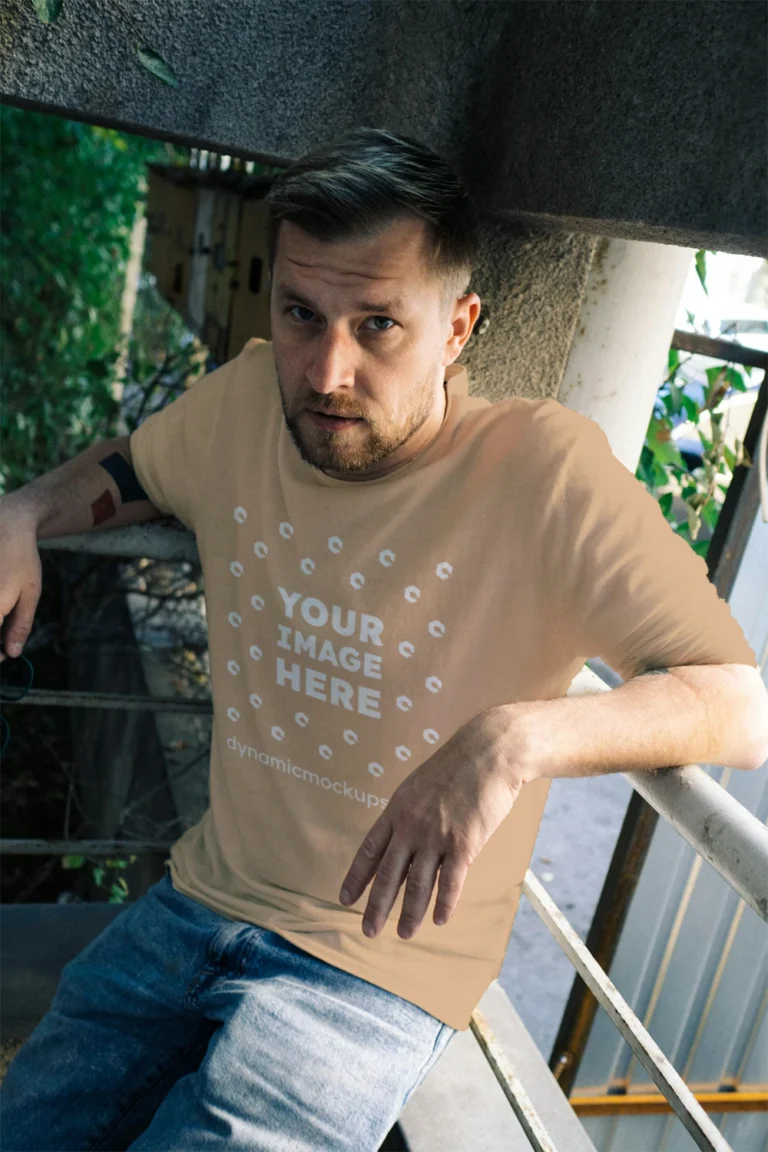 Man Wearing Tan T-shirt Mockup Front View Template