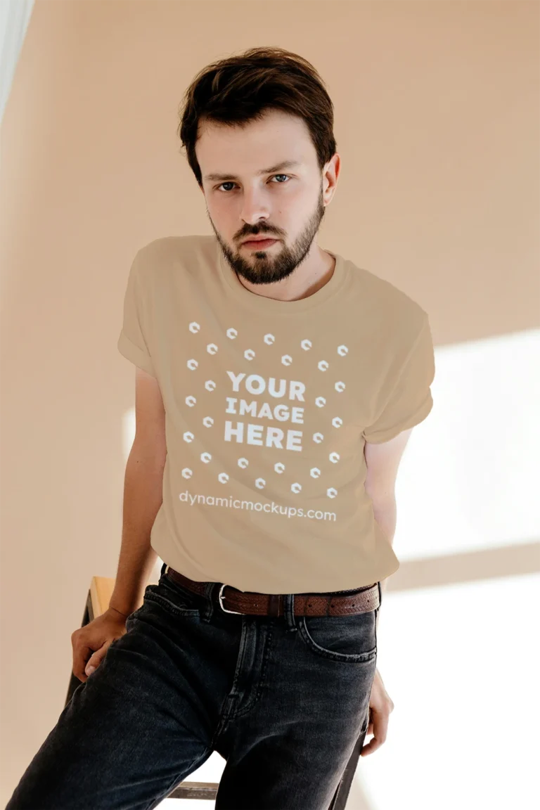 Man Wearing Tan T-shirt Mockup Front View Template