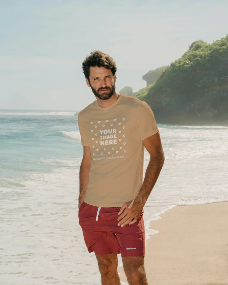 Man Wearing Tan T-shirt Mockup Front View Template