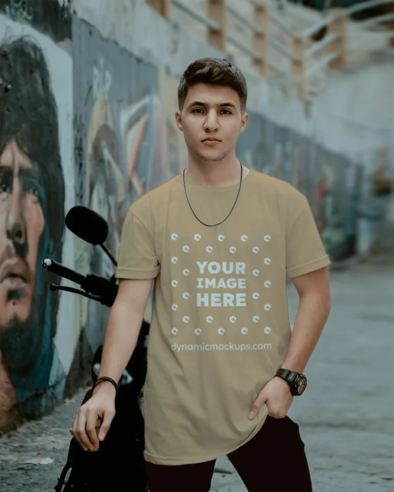 Man Wearing Tan T-shirt Mockup Front View Template