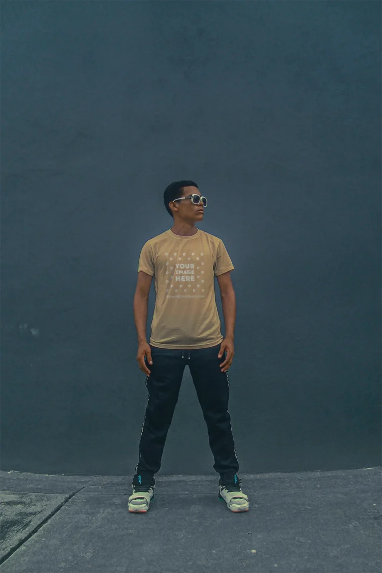 Man Wearing Tan T-shirt Mockup Front View Template