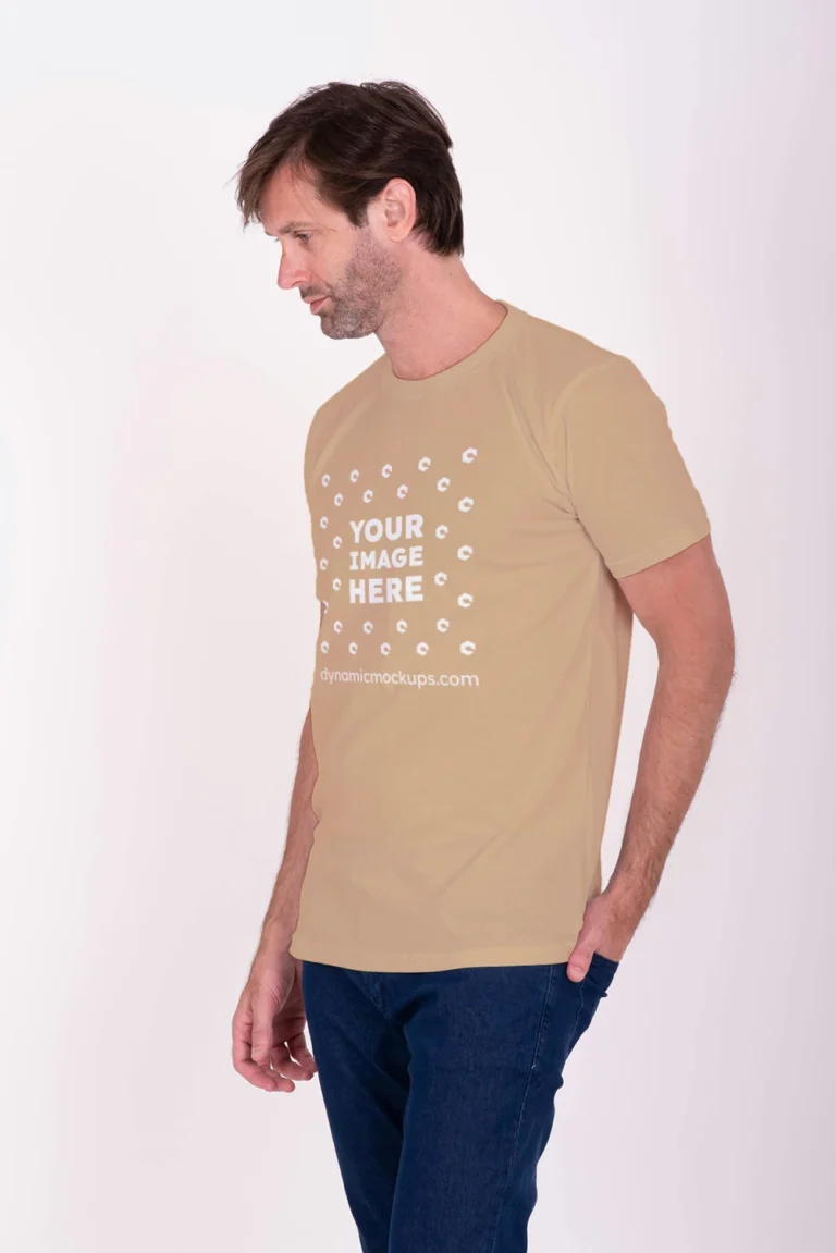 Man Wearing Tan T-shirt Mockup Front View Template