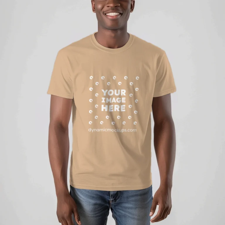 Man Wearing Tan T-shirt Mockup Front View Template
