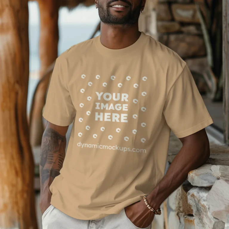 Man Wearing Tan T-shirt Mockup Front View Template