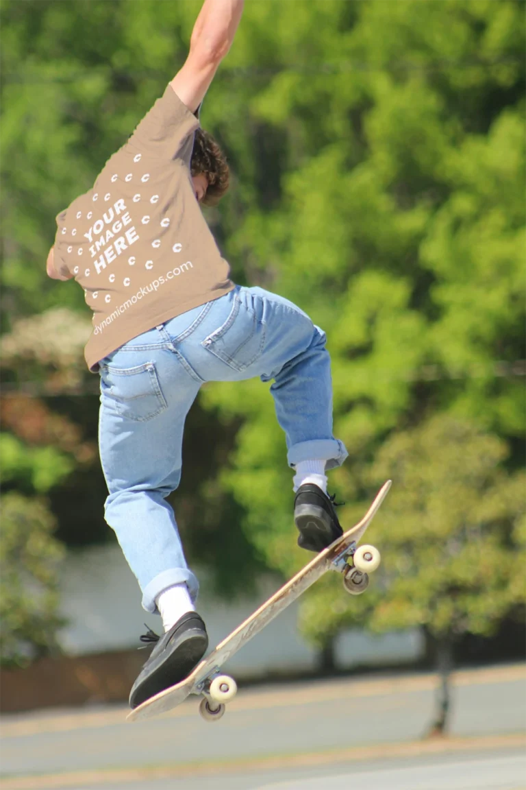 Man Wearing Tan T-shirt Mockup Back View Template