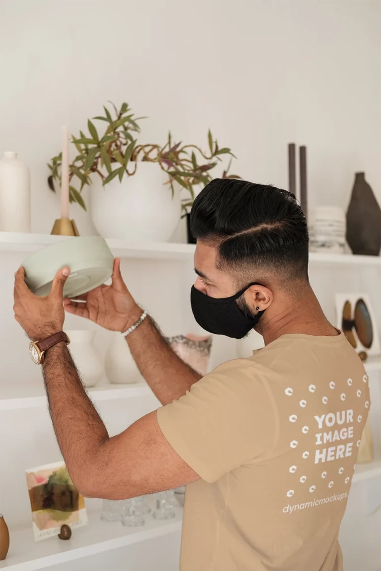 Man Wearing Tan T-shirt Mockup Back View Template