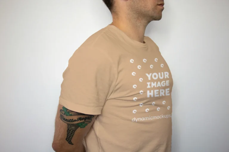 Man Wearing Tan T-shirt Mockup Front View Template