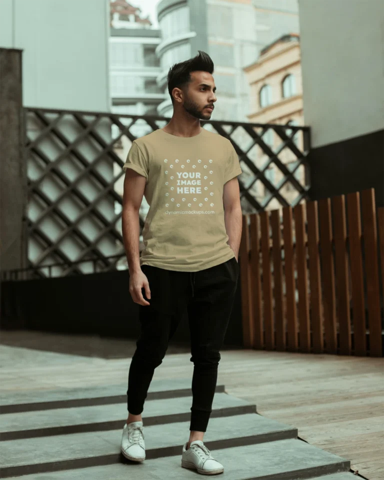 Man Wearing Tan T-shirt Mockup Front View Template