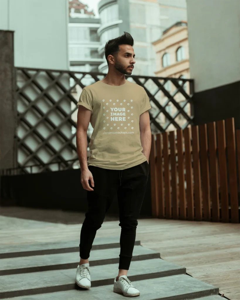 Man Wearing Tan T-shirt Mockup Front View Template