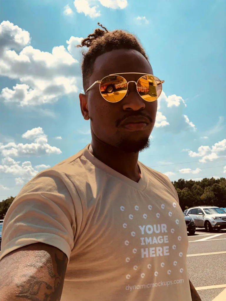 Man Wearing Tan T-shirt Mockup Front View Template