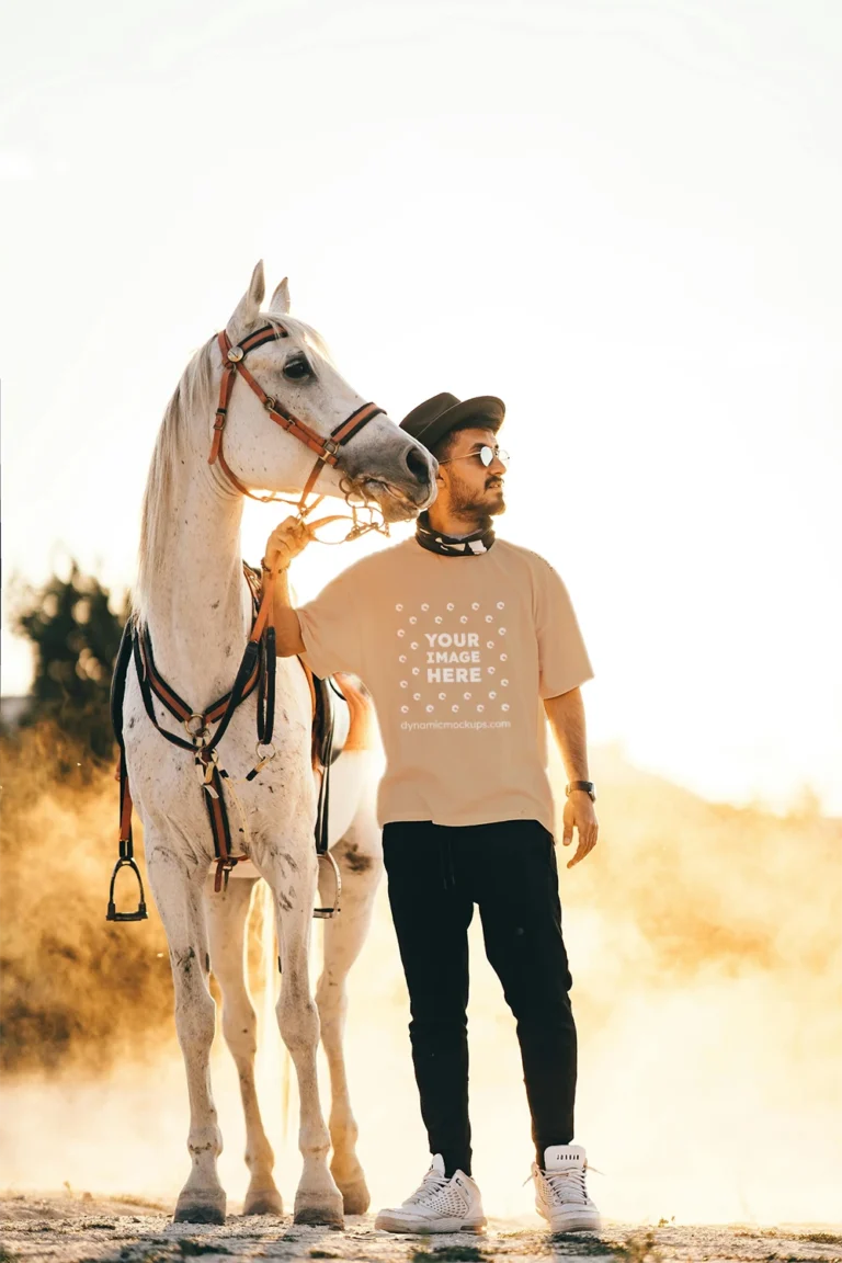 Man Wearing Tan T-shirt Mockup Front View Template