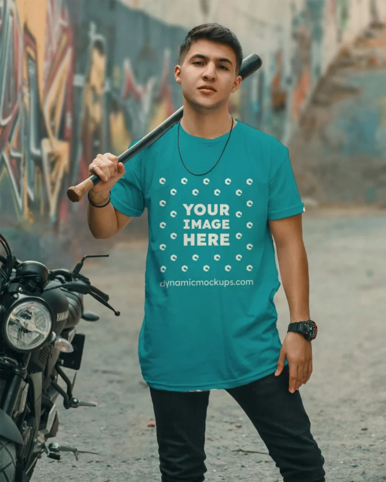 Man Wearing Teal T-shirt Mockup Front View Template