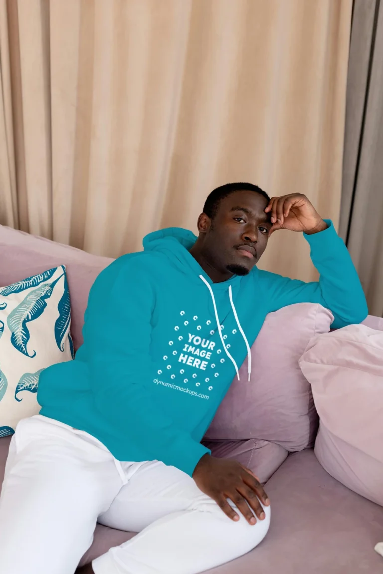 Man Wearing Teal Hoodie Mockup Front View Template