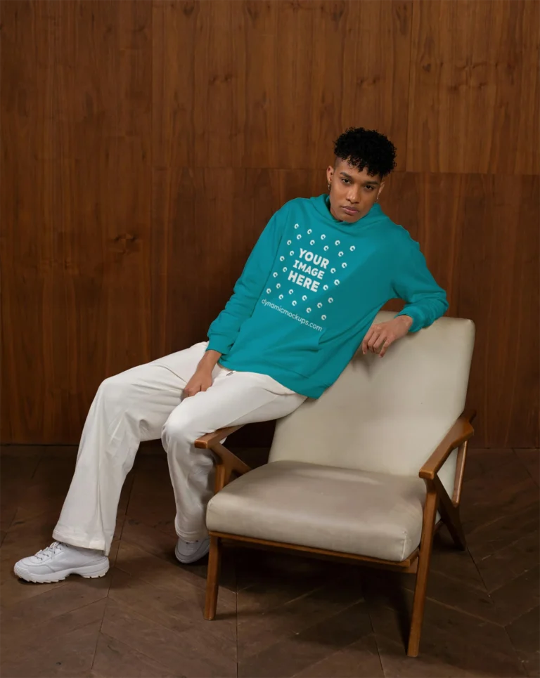 Man Wearing Teal Hoodie Mockup Front View Template