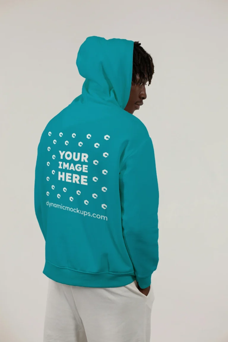 Man Wearing Teal Hoodie Mockup Back View Template