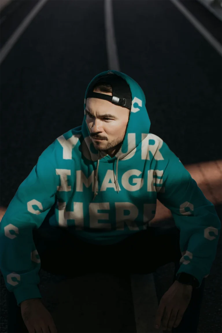 Man Wearing Teal Hoodie Mockup Front View Template